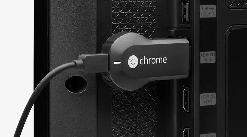 Chrome device connected to a television's HDMI port.