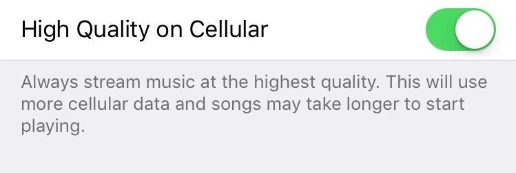 High Quality on Cellular setting for music streaming with usage note.