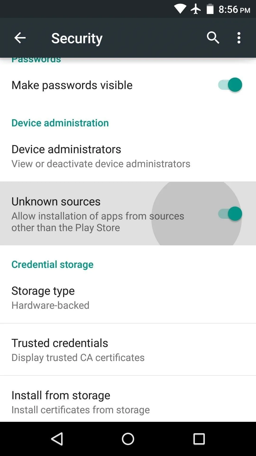 Security settings menu on a mobile device featuring options for device administrators and app permissions.