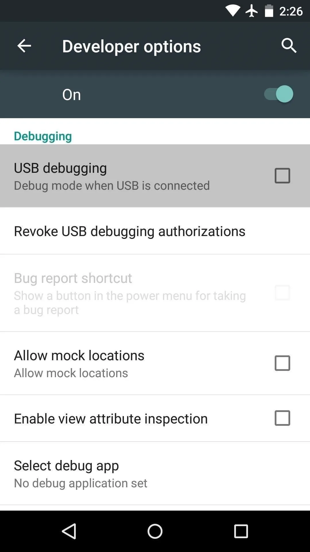 Developer options settings menu with USB debugging options and related configurations.