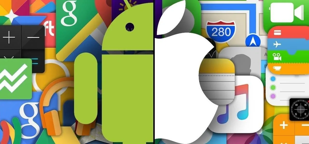 Android and Apple logos surrounded by various app icons.