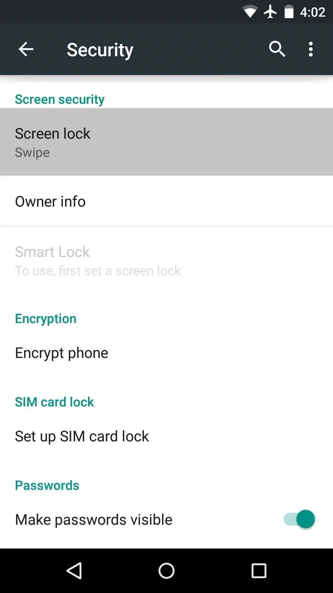 Security settings menu on a smartphone display.