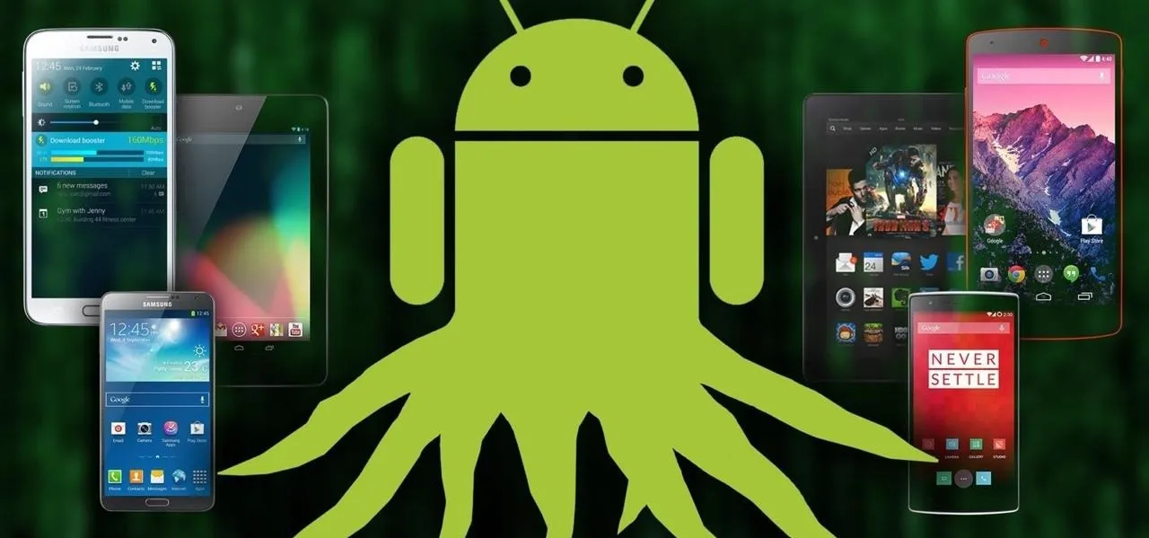 Android mascot surrounded by various smartphones and tablets.