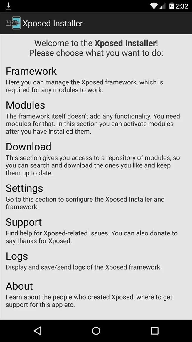 Welcome screen of the Xposed Installer app with option selection and settings.