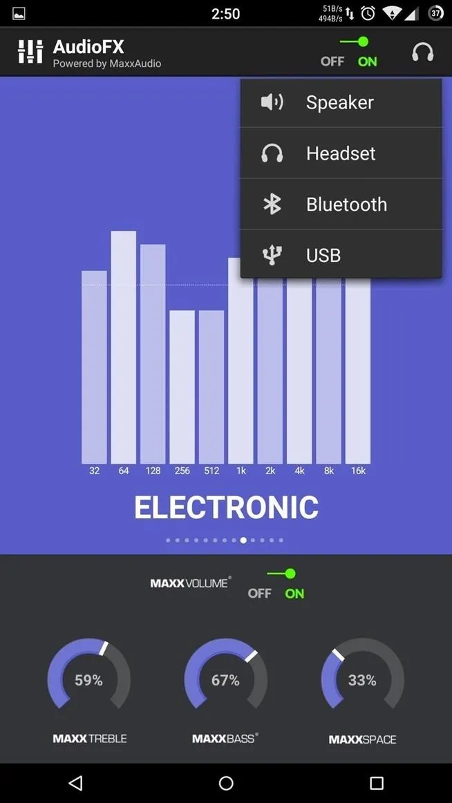 Audio settings interface displaying electronic sound levels and connection options.