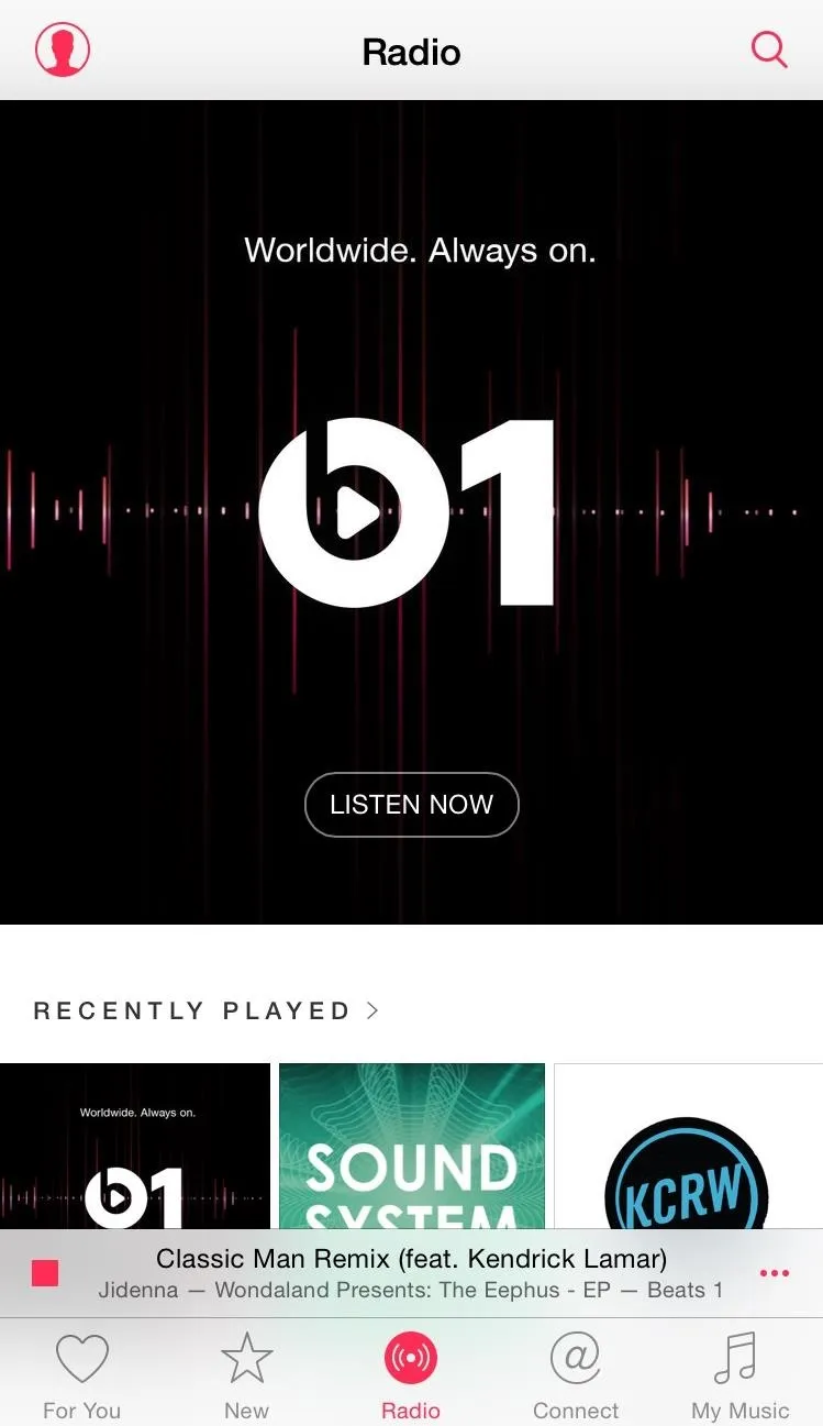 Radio interface displaying Beats 1 station with a play button and recent plays section.