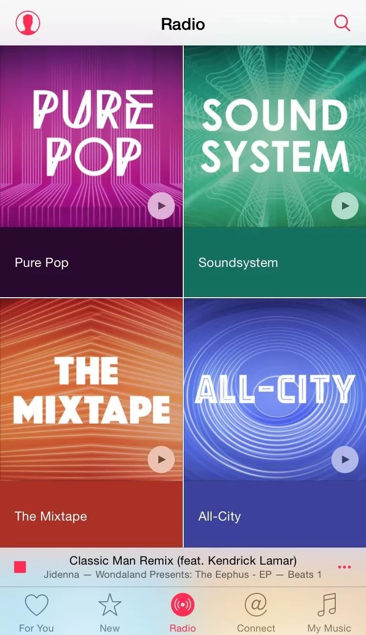 Colorful music playlist categories on a streaming app, featuring "Pure Pop," "Sound System," "The Mixtape," and "All-City."