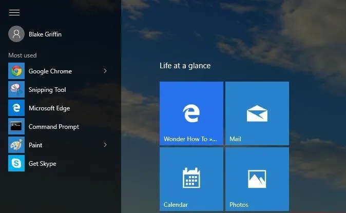 Windows Start Menu with tile icons for Microsoft Edge, Mail, Calendar, and Photos.