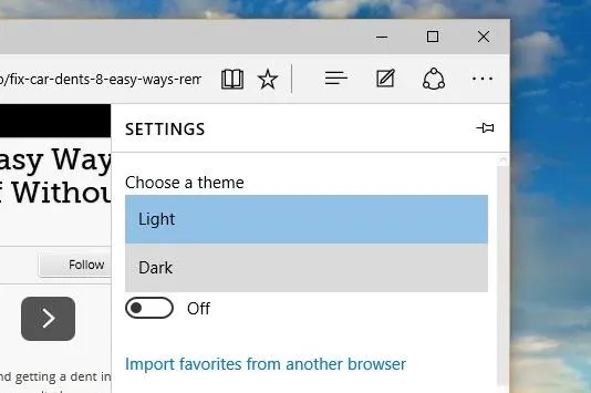 Browser settings menu with theme selection options for light and dark modes.