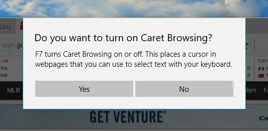 Popup prompt for enabling Caret Browsing in a web browser.