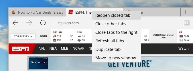 Web browser menu options for tab management