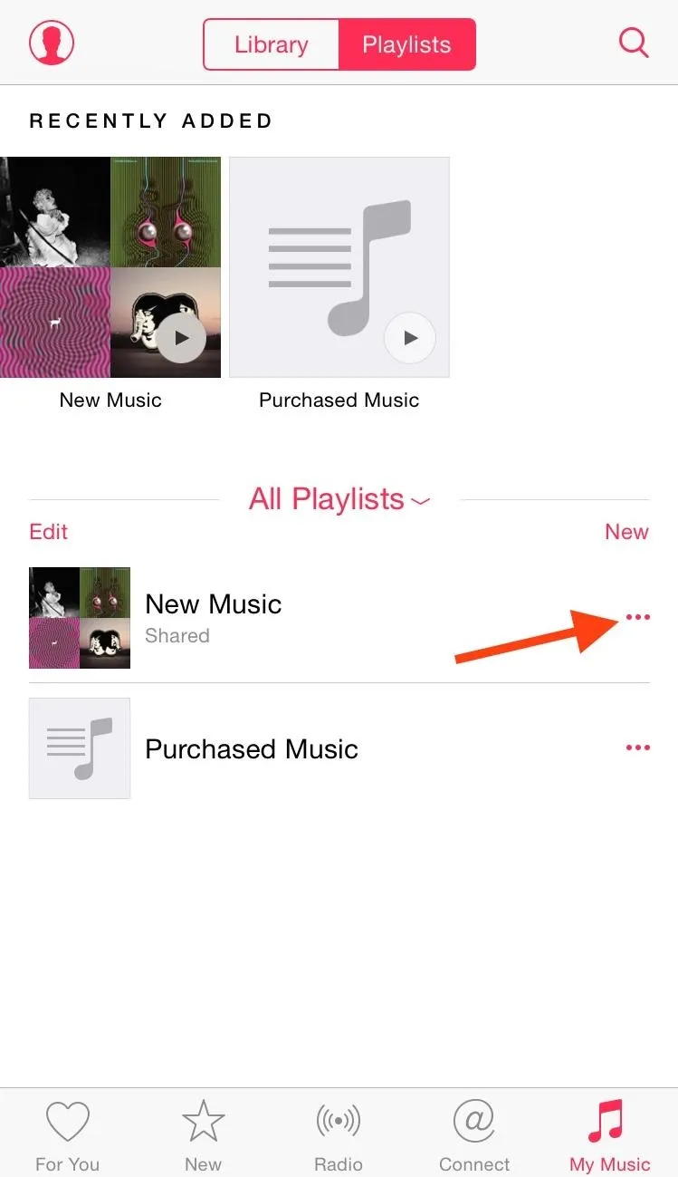 Music app interface displaying playlists, including "New Music" and "Purchased Music" sections.