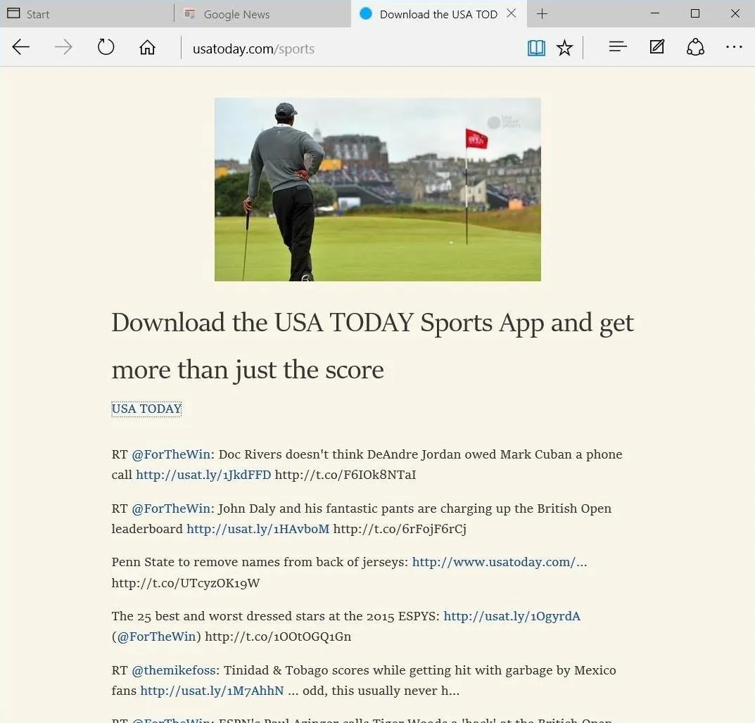 Golfer on a course with flags in the background promoting the USA Today Sports App.