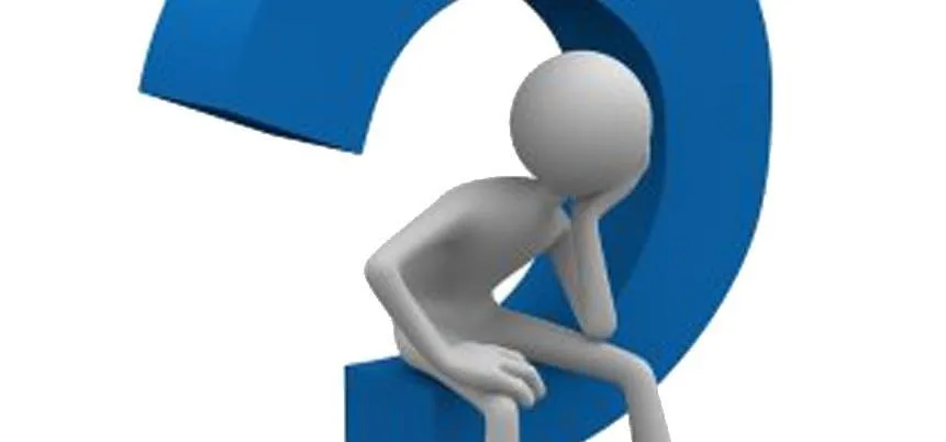 Person thinking next to a large question mark.
