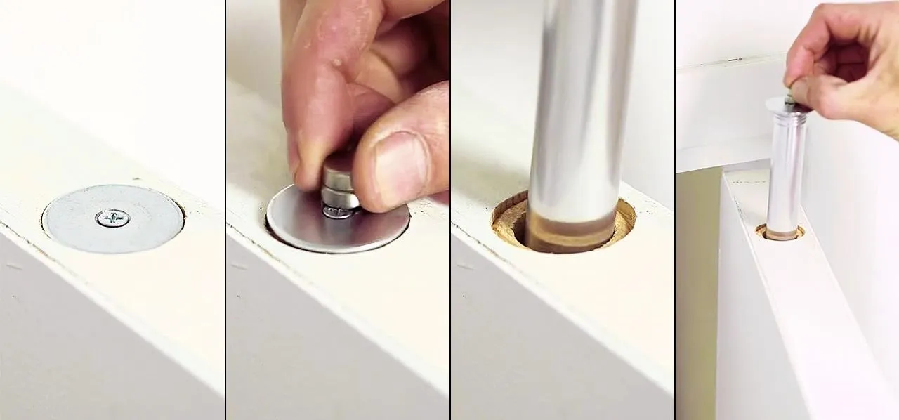 Assembly process of a furniture leg with attachments.