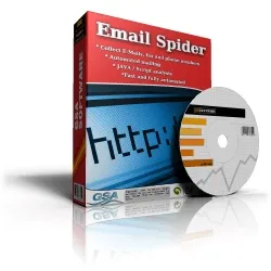 Email Spider software box with a CD beside it, featuring web-related graphics.