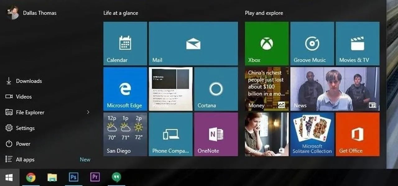 Windows 10 Start Menu with various app tiles displayed.