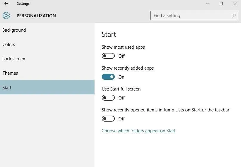 Settings menu for personalization options in Windows, focusing on Start menu preferences.