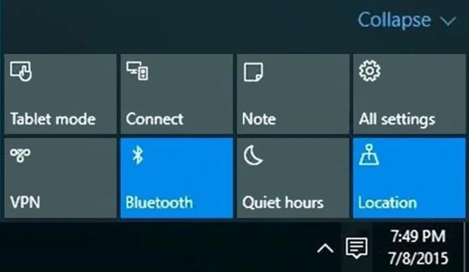 Windows settings menu showing options for Bluetooth, Location, and other features.