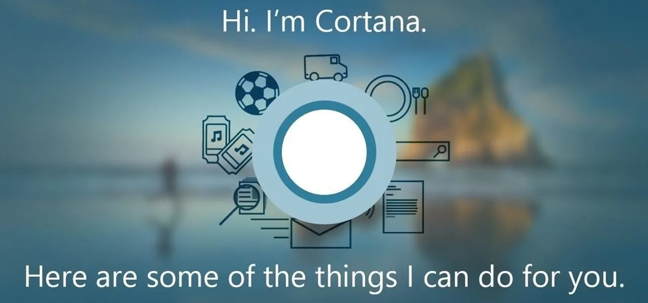 Cortana digital assistant introduction with service icons.