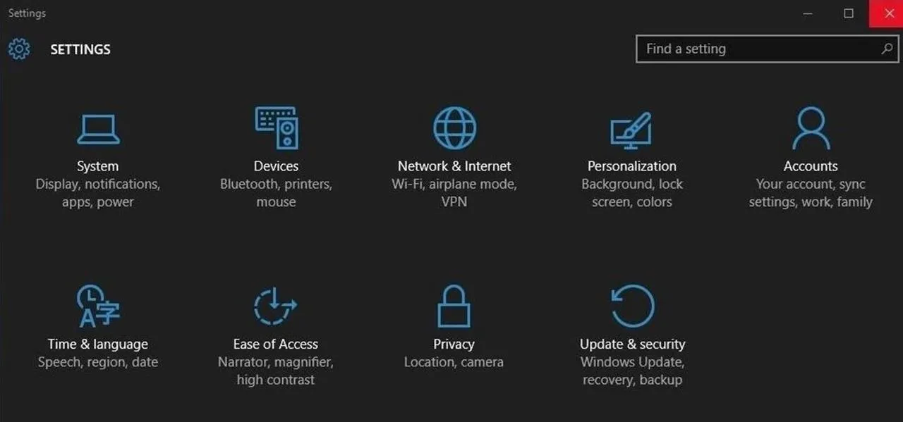 Windows Settings menu with icons for system, devices, network, personalization, accounts, time and language, ease of access, privacy, and update & security.