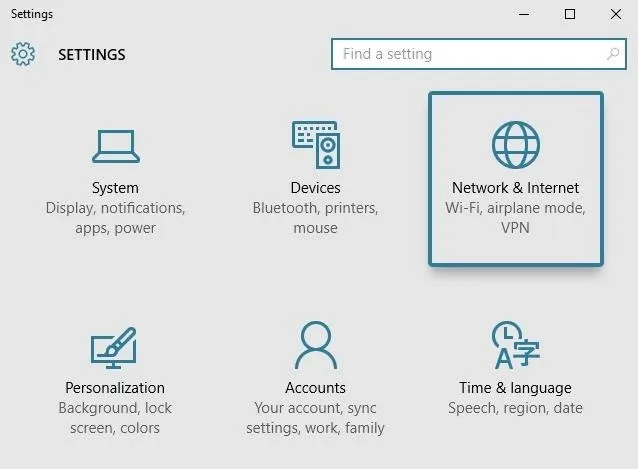 Settings menu interface showing options for system, devices, network & internet, personalization, accounts, and time & language.