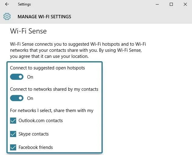 Wi-Fi Sense settings options for connecting to suggested hotspots and networks shared by contacts.