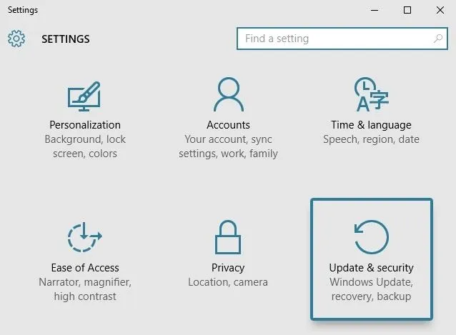 Settings menu with options for personalization, accounts, time & language, ease of access, privacy, and update & security.