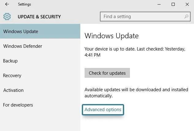 Windows Update settings page displaying update status and options.