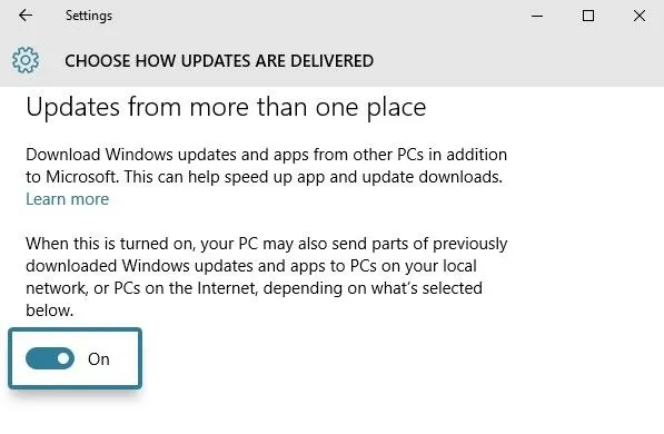 Windows settings for update delivery options.