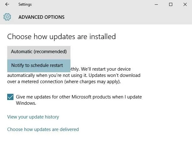 Advanced options for Windows updates settings, including automatic updates and notification preferences for scheduled restarts.