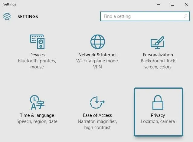 Settings menu with options for devices, network and internet, personalization, time and language, ease of access, and privacy.