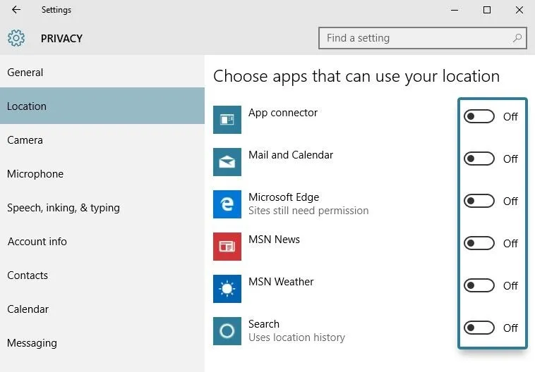 Settings menu for location permissions on a Windows device.