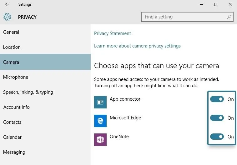 Camera privacy settings interface with options for app access permissions.