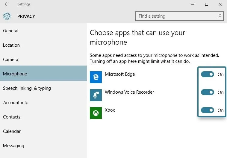 Settings menu displaying microphone access options for various apps on a Windows device.