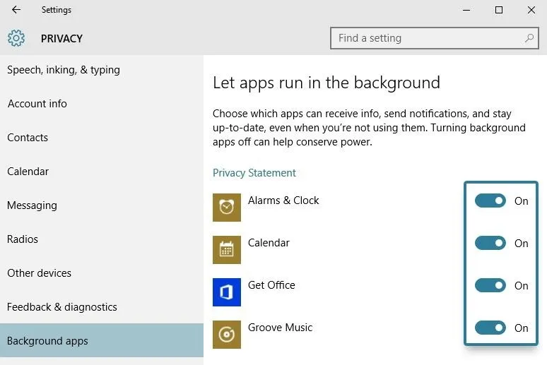 Settings menu showing options to manage background apps on a Windows device.