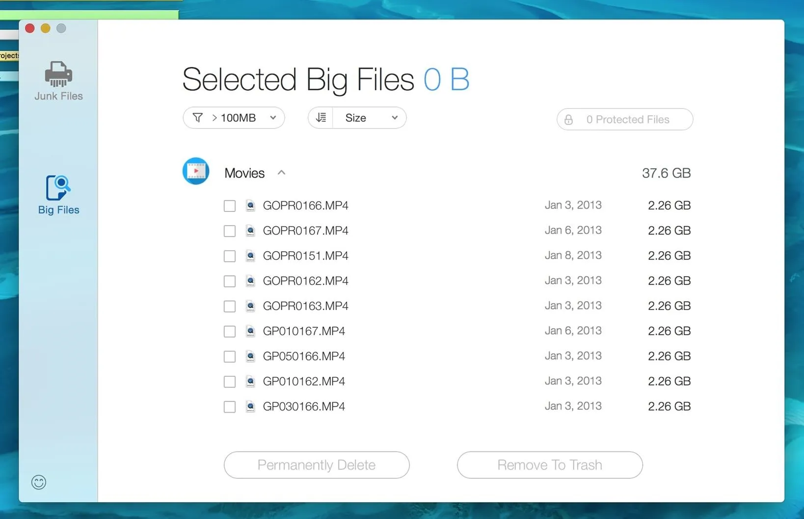 File selection interface displaying a list of big files with checkboxes and size information.