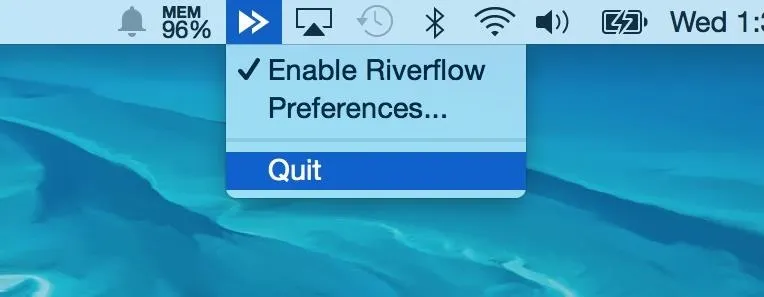 Menu options on a computer screen showing "Enable Riverflow" and "Quit" settings.