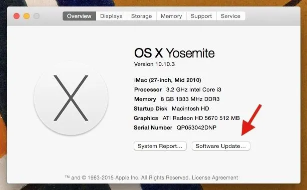 OS X Yosemite system information screen on iMac