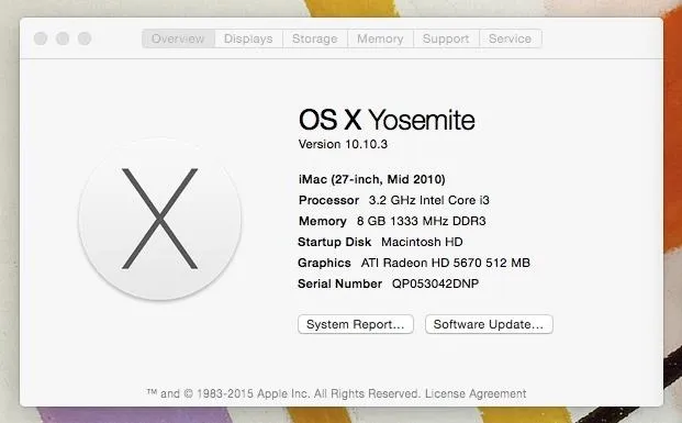 OS X Yosemite system information on an iMac.