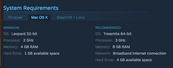 System requirements for software, including minimum and recommended specifications for macOS and Linux.