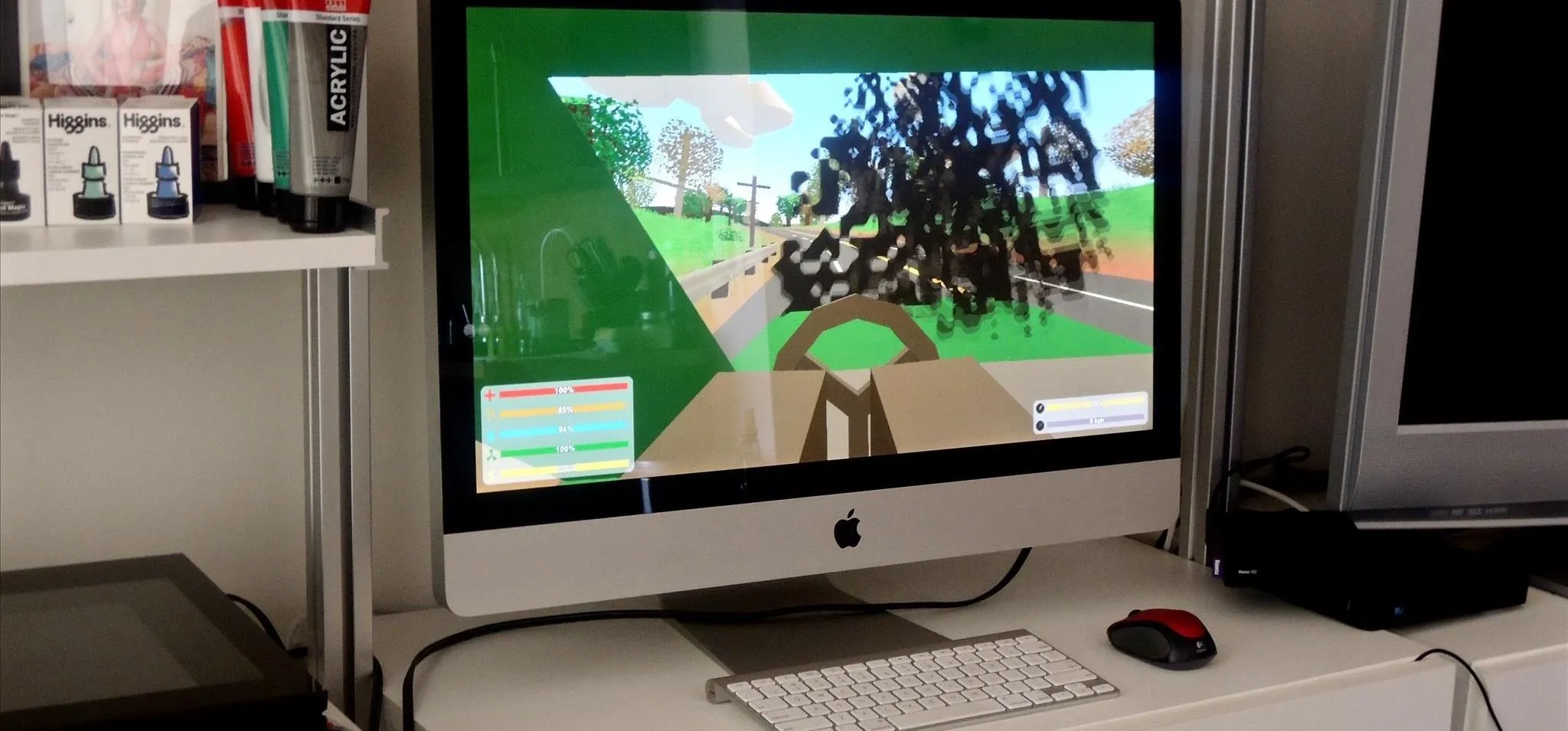 Computer display showing a vibrant cartoon landscape in a simulation game.