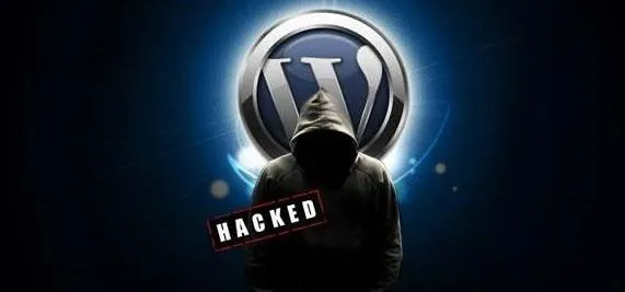 Hacker silhouette with "Hacked" label and WordPress logo in the background.
