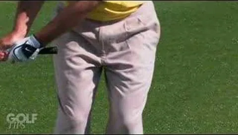 Golfer in a yellow shirt preparing to swing on a green golf course.