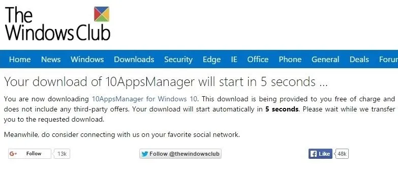 Windows Club download page for 10AppsManager with countdown timer.