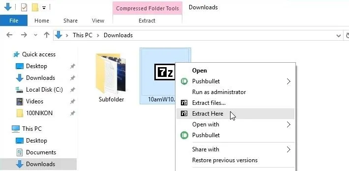 Context menu options displayed on a Windows file explorer for a compressed folder tool.