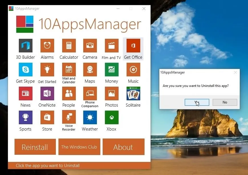 Windows application interface displaying 10AppsManager options and a notification error message.