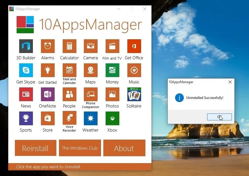 10AppsManager interface showing various app icons and a successful operation message.