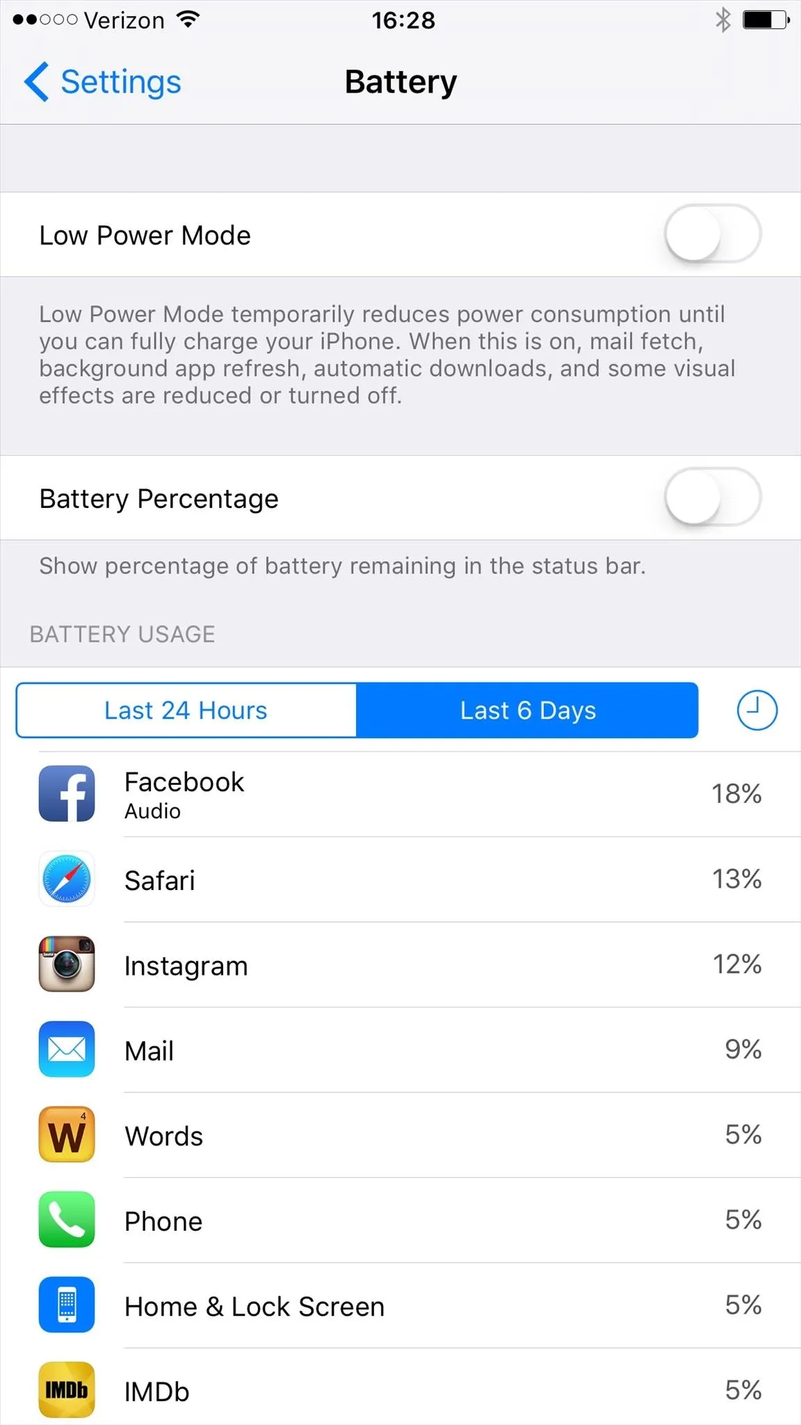 Battery usage settings on a smartphone displaying app consumption levels.